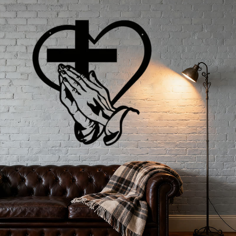 Christianartworkshop Modern Spiritual Praying Hands Heart Cross Black Metal Wall Decor(11.22''*11.81''/28.5*30cm)