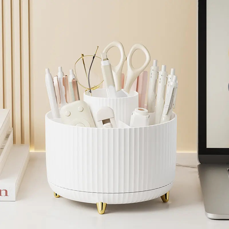 Luxury 360° Rotating Makeup Organizer – 5 Compartments Cosmetic Brush & Desktop Storage Holder