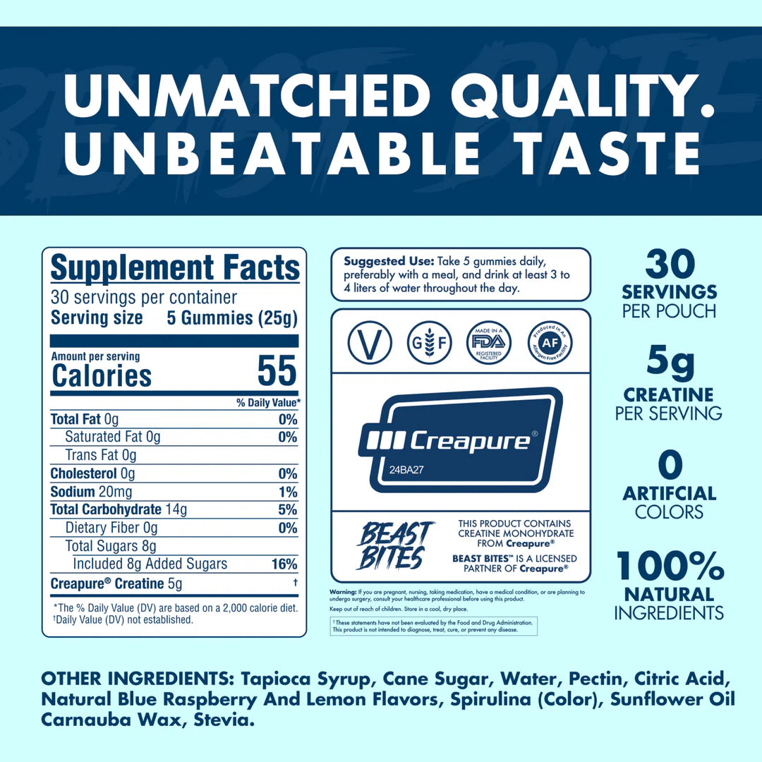 Creatine Gummies | Beast Bites | 150 Count(Sweet Blue Raspberry)