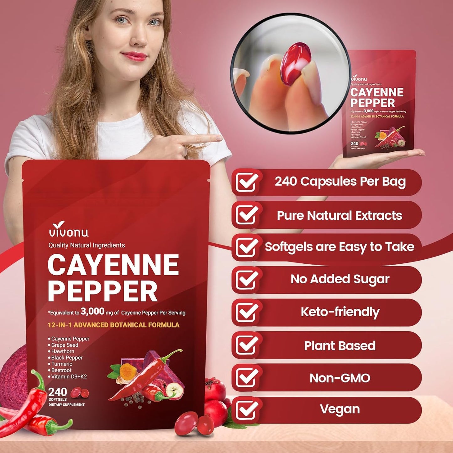 Cayenne Pepper Softgels Supplement, Supports Leg Vein, 240 Softgels /1 Bag