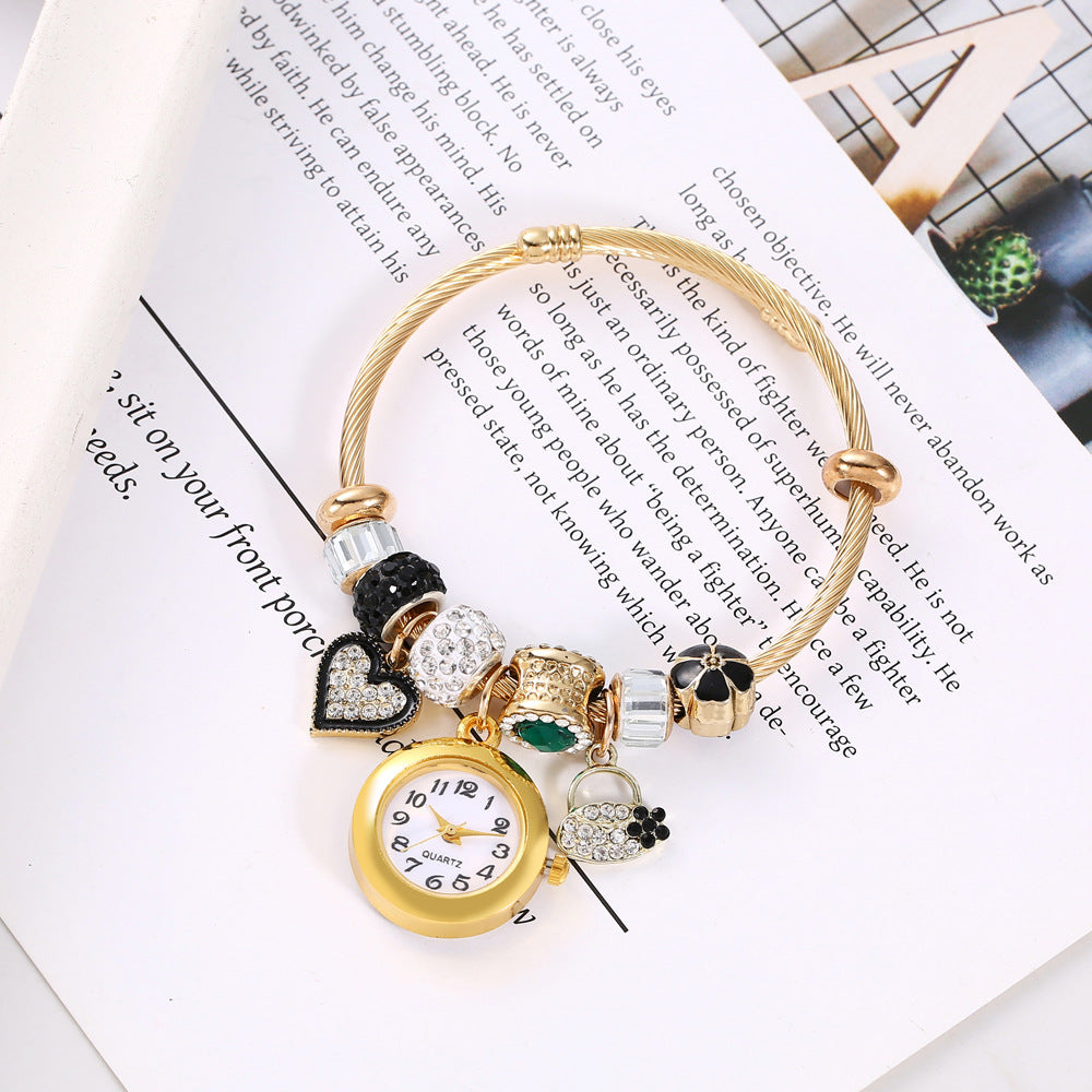 Women’s Beaded Bracelet Watch, Heart Bear Flower Charm Quartz Wristwatch