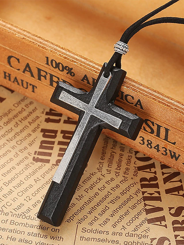 Pair of 2: Wooden Cross Pendant Necklace for Men and Women – Vintage Religious Design with Leather Cord, Ideal for Everyday Wear and Spiritual Occasions