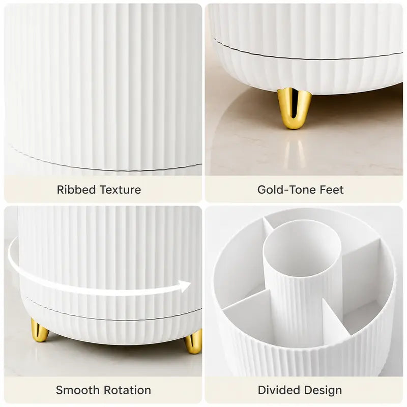 Luxury 360° Rotating Makeup Organizer – 5 Compartments Cosmetic Brush & Desktop Storage Holder