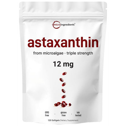 12mg Astaxanthin Softgels from Pure Microalgae Source | Natural Skin & Wellness Support | 120 Easy-to-Swallow Softgels (4-Month Supply)