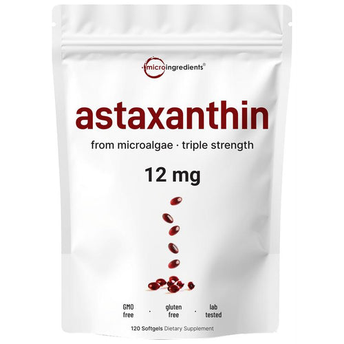 12mg Astaxanthin Softgels from Pure Microalgae Source | Natural Skin & Wellness Support | 120 Easy-to-Swallow Softgels (4-Month Supply)