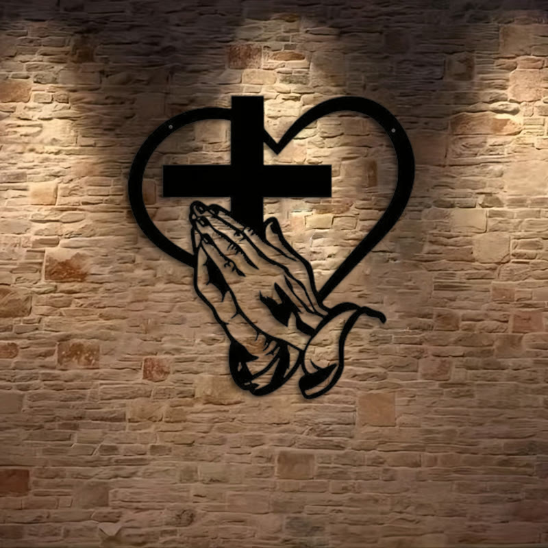 Christianartworkshop Modern Spiritual Praying Hands Heart Cross Black Metal Wall Decor（11.22''*11.81''/28.5*30cm）
