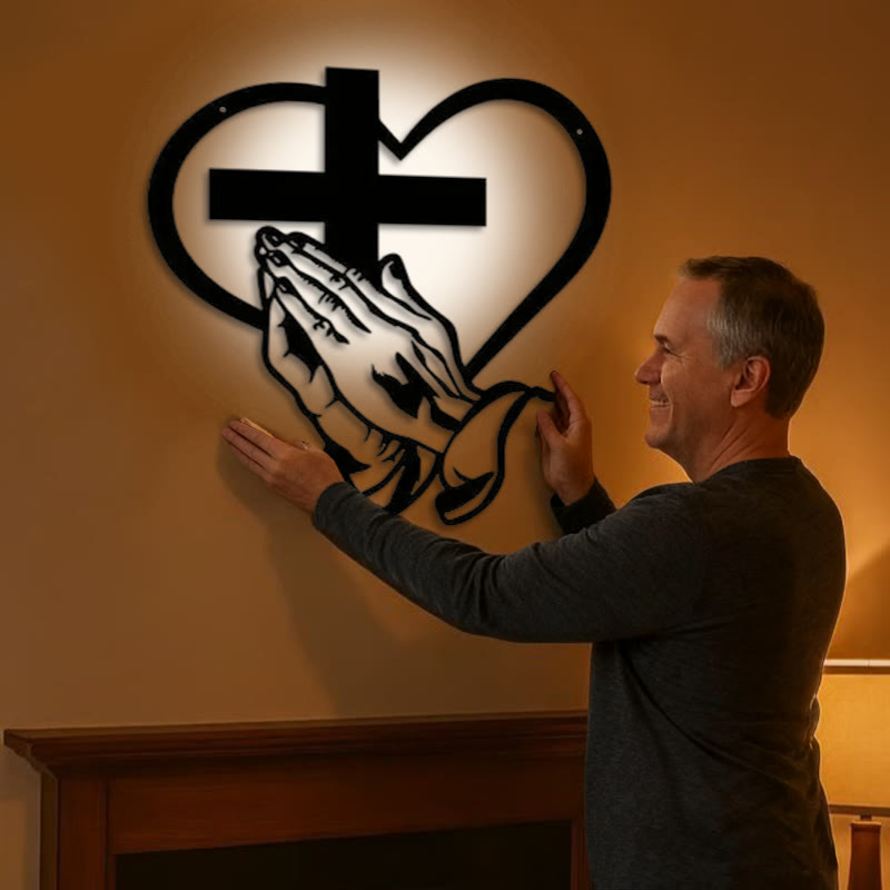 Christianartworkshop Modern Spiritual Praying Hands Heart Cross Black Metal Wall Decor（11.22''*11.81''/28.5*30cm）