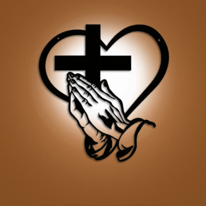 Christianartworkshop Modern Spiritual Praying Hands Heart Cross Black Metal Wall Decor（11.22''*11.81''/28.5*30cm）