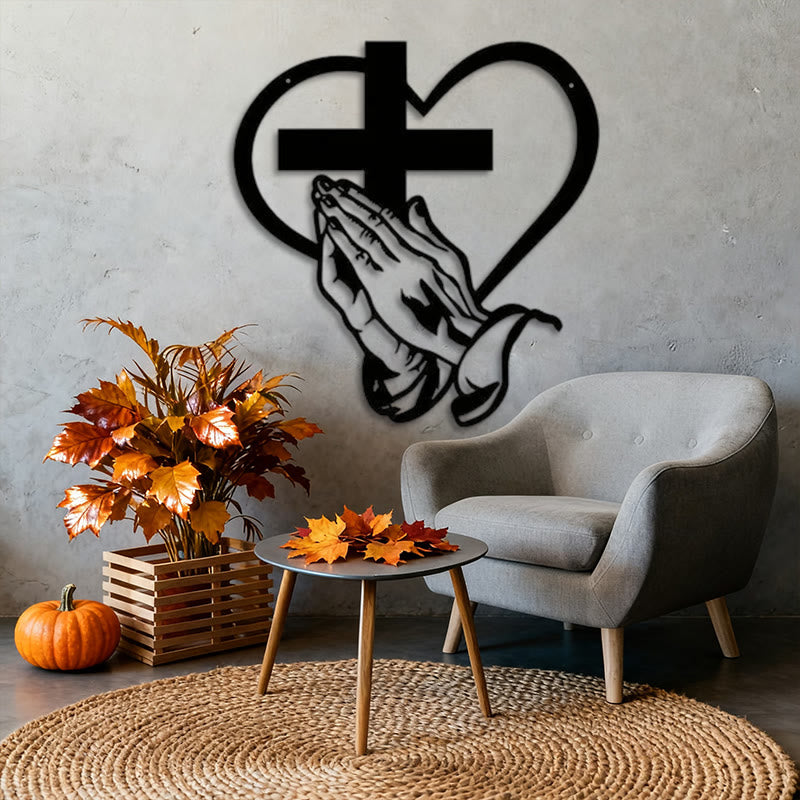 Christianartworkshop Modern Spiritual Praying Hands Heart Cross Black Metal Wall Decor（11.22''*11.81''/28.5*30cm）