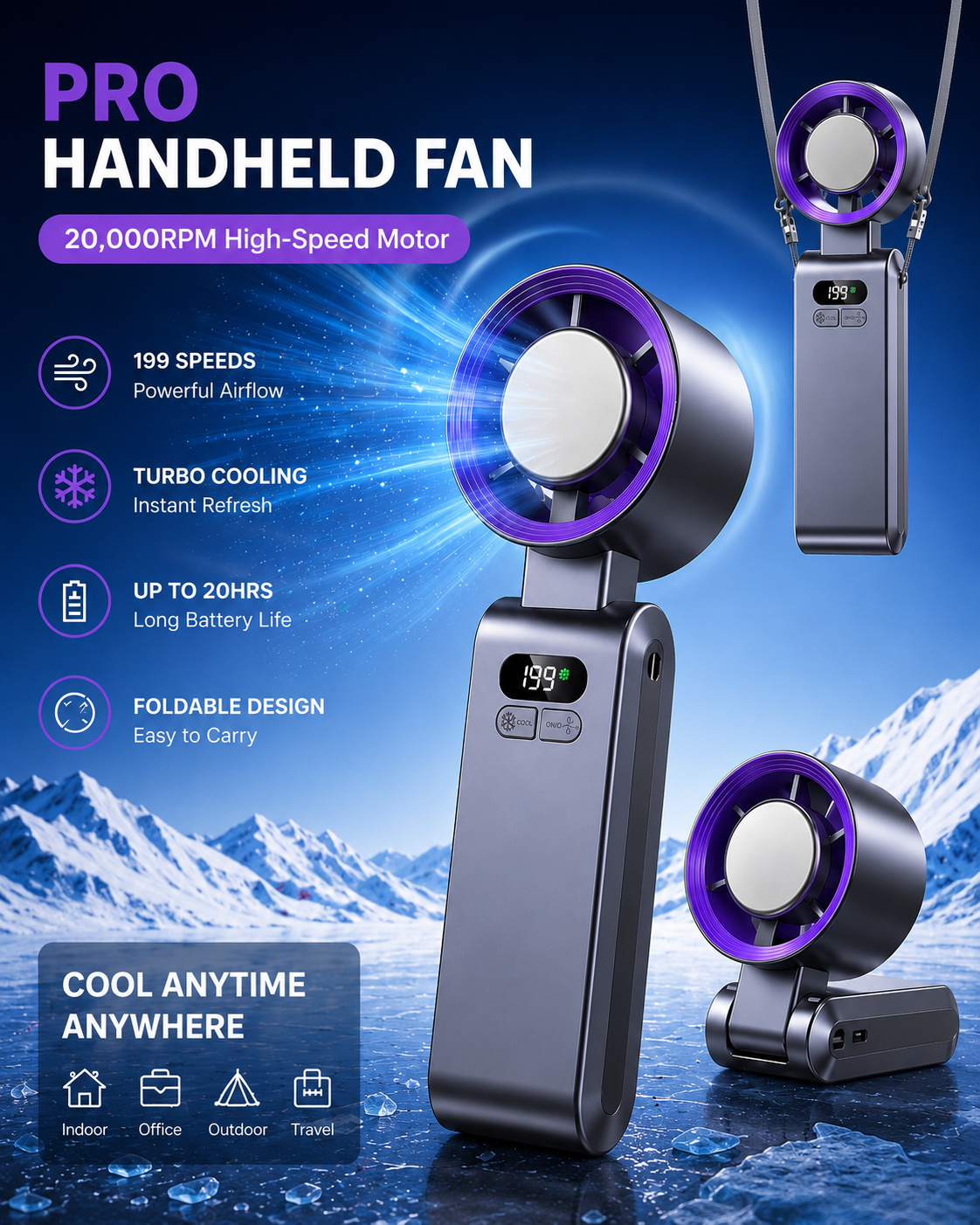 Pro Handheld Portable fan with Turbo Cooling,199 Speeds & Up to 20Hrs Battery Life
