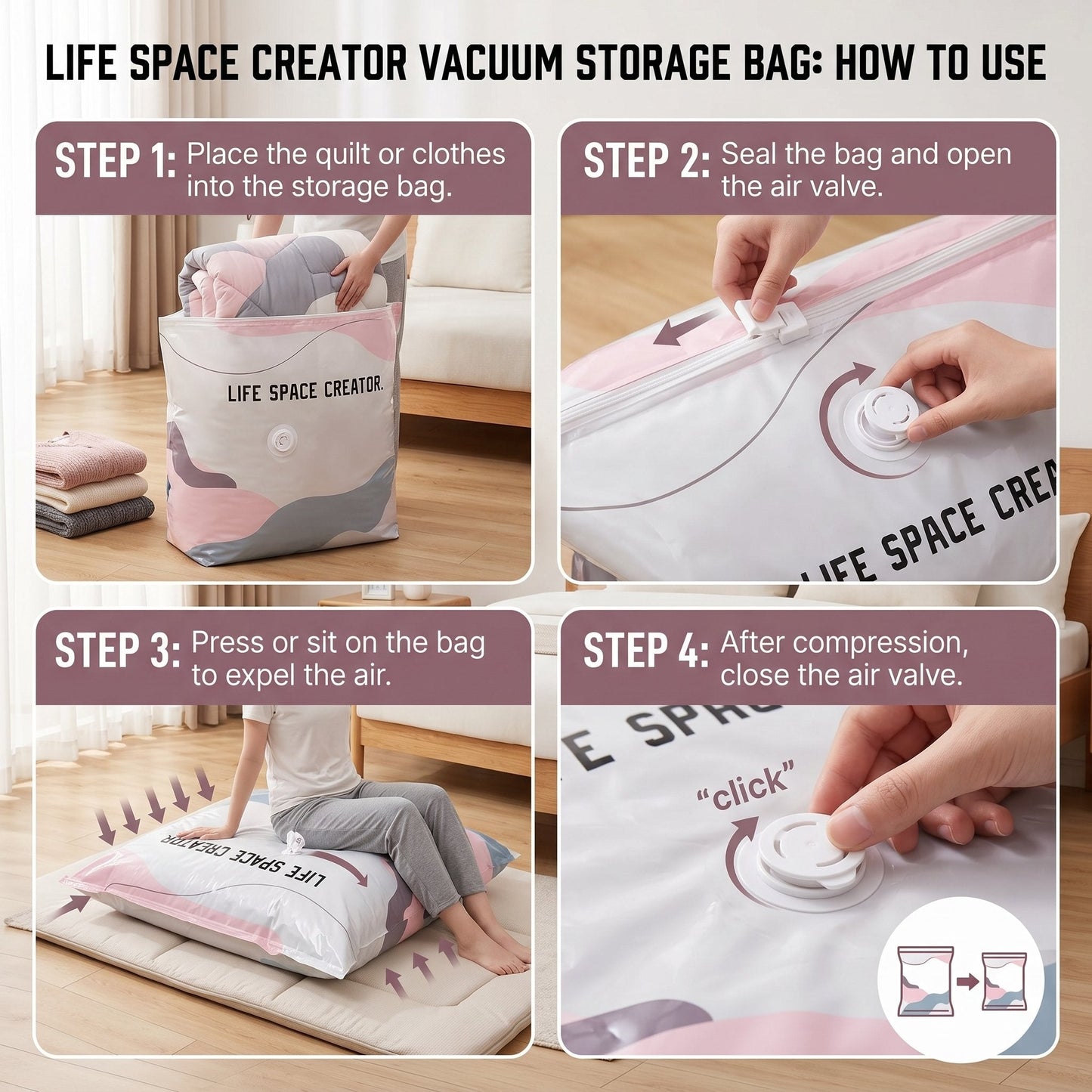 No-Pump Vacuum Storage Bags – Large Compression Space Saver Bags for Clothes, Comforters & Blankets