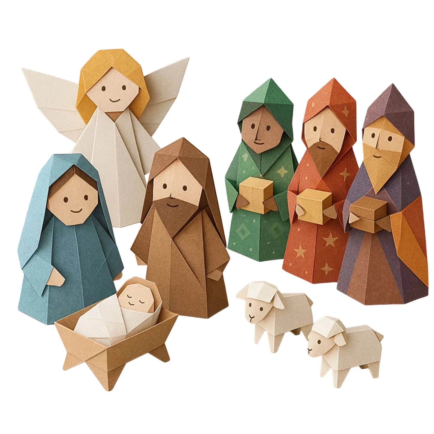 DIY paper Christmas nativity scene, including Jesus, angels, and animals, with a 3D design