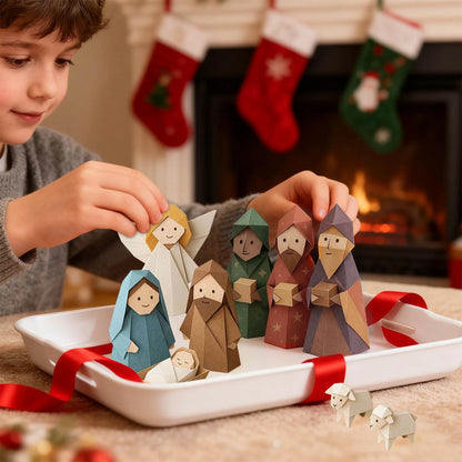 DIY paper Christmas nativity scene, including Jesus, angels, and animals, with a 3D design