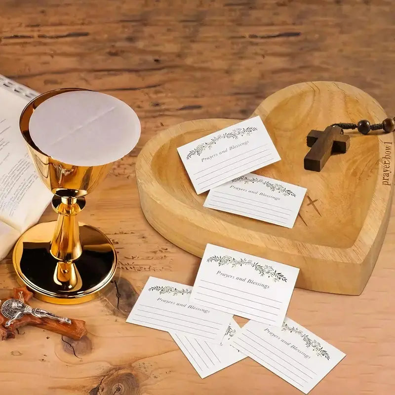 Wooden Heart Prayer Bowl with 3 Engraved Crosses, Christian Religious Prayer Bowl Gift with Prayer Cards