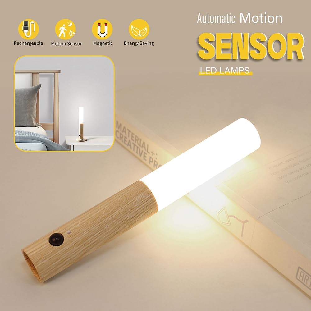 Wooden Magnetic Motion Sensor Night Light, Rechargeable LED Wall Lamp