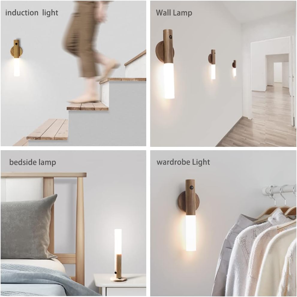 Wooden Magnetic Motion Sensor Night Light, Rechargeable LED Wall Lamp