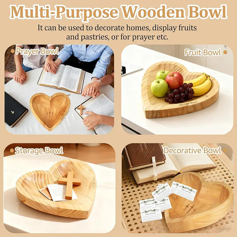 Wooden Heart Prayer Bowl with 3 Engraved Crosses, Christian Religious Prayer Bowl Gift with Prayer Cards