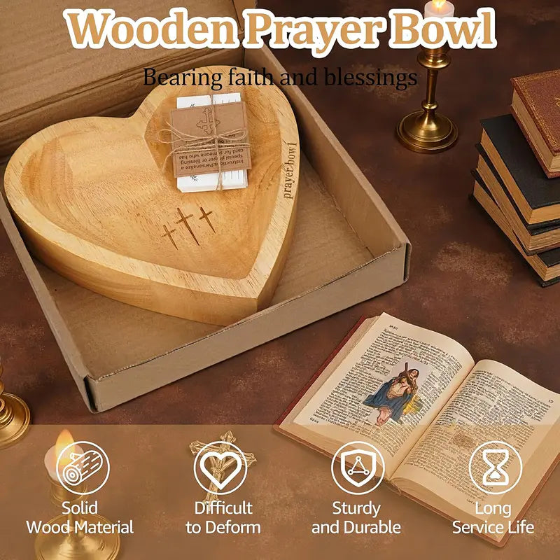 Wooden Heart Prayer Bowl with 3 Engraved Crosses, Christian Religious Prayer Bowl Gift with Prayer Cards