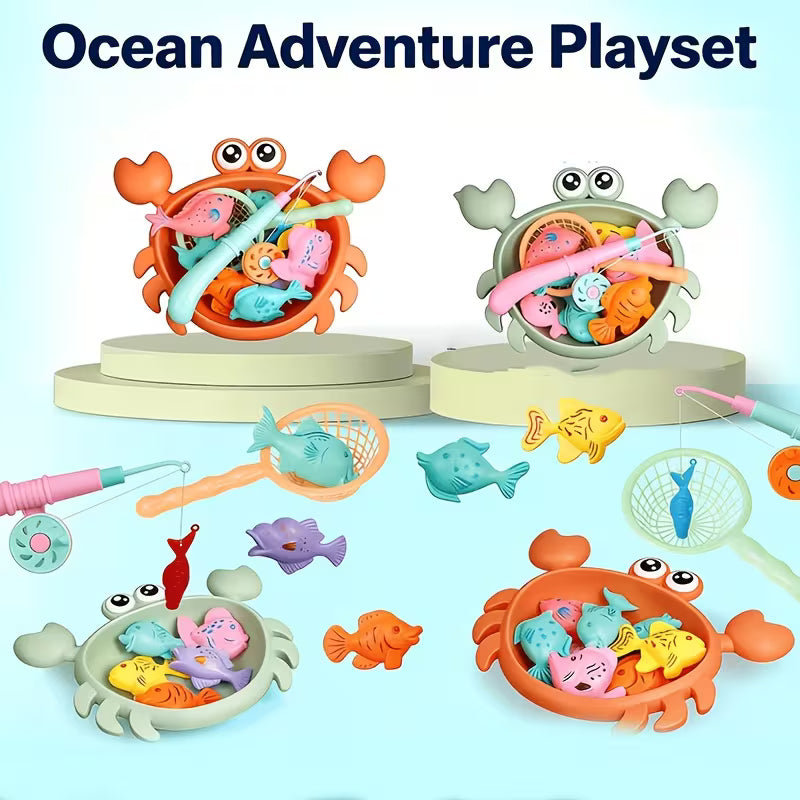KIDS MAGNETIC CRAB FISHING TOY SET 8 FISH + CRAB SHELL + FISHING ROD