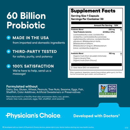 60 Billion CFU Probiotics – 10 Strains + Organic Prebiotics for Gut & Digestive Health (30 Capsules)