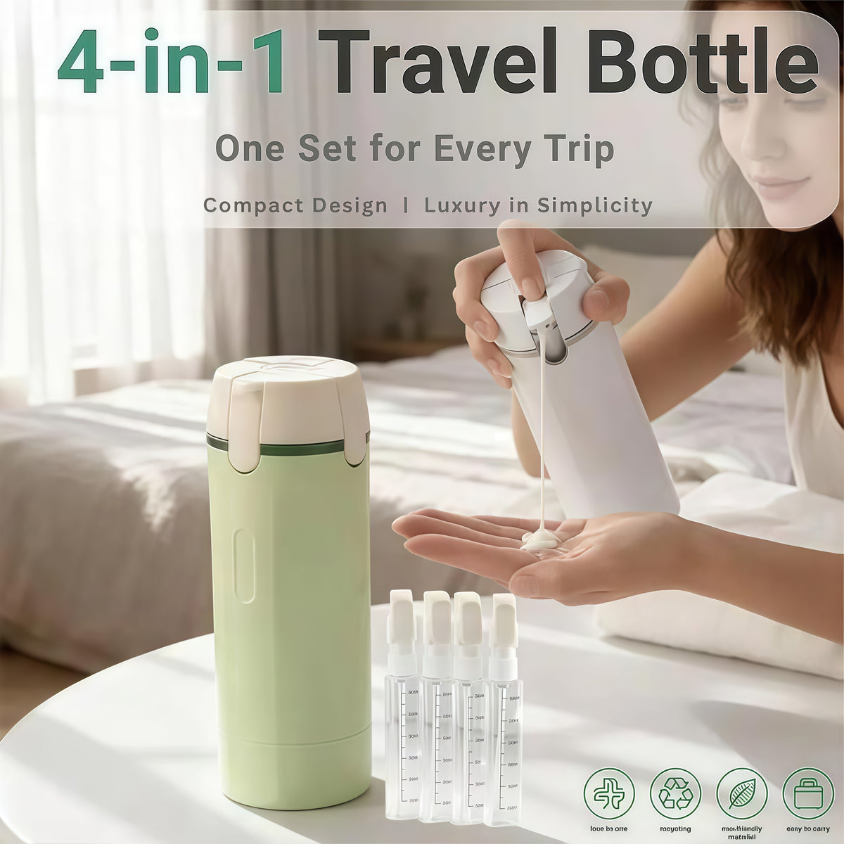 4-in-1 Portable Travel Dispenser Bottle | Compact Refillable Cosmetic & Shampoo Storage for On-the-Go