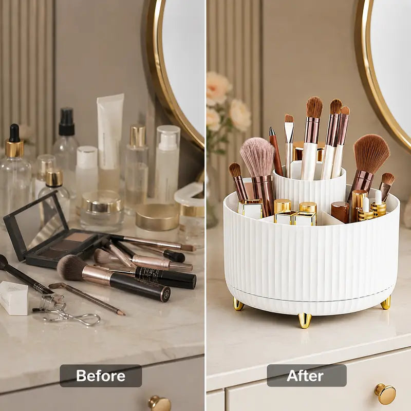 Luxury 360° Rotating Makeup Organizer – 5 Compartments Cosmetic Brush & Desktop Storage Holder