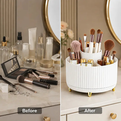 Luxury 360° Rotating Makeup Organizer – 5 Compartments Cosmetic Brush & Desktop Storage Holder