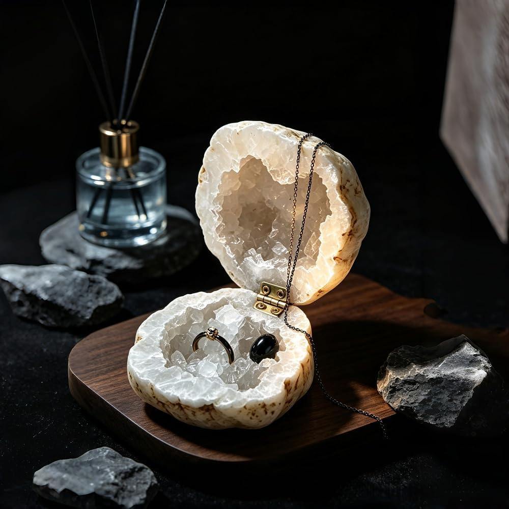 Natural Crystal Geode Ring Box – Ring Holder for Proposal & Wedding Keepsake