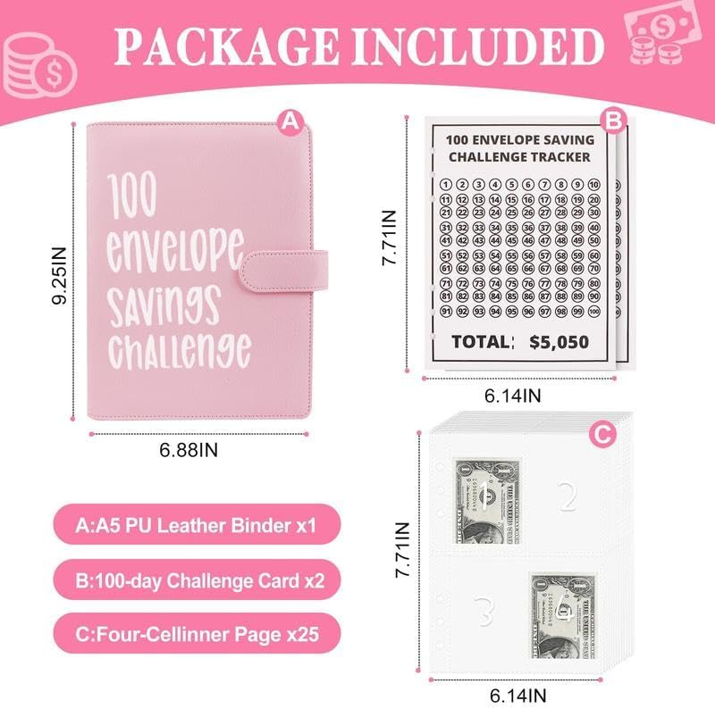 100 Envelope Savings Challenge Binder – A5 Cash Budget Planner with Numbered Envelopes