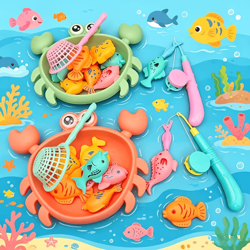 KIDS MAGNETIC CRAB FISHING TOY SET 8 FISH + CRAB SHELL + FISHING ROD