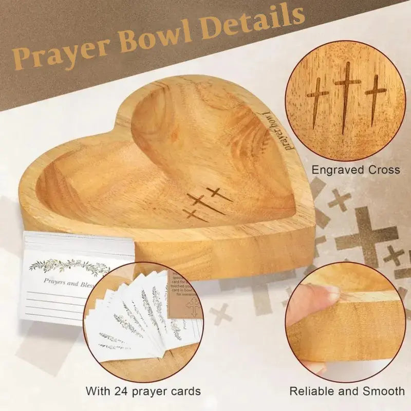 Wooden Heart Prayer Bowl with 3 Engraved Crosses, Christian Religious Prayer Bowl Gift with Prayer Cards