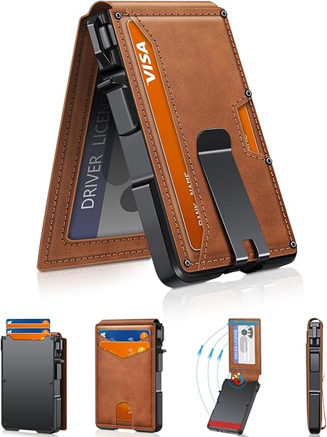 Men's wallet with RFID anti-theft smart pop-out card holder, metal aluminum folding credit card wallet
