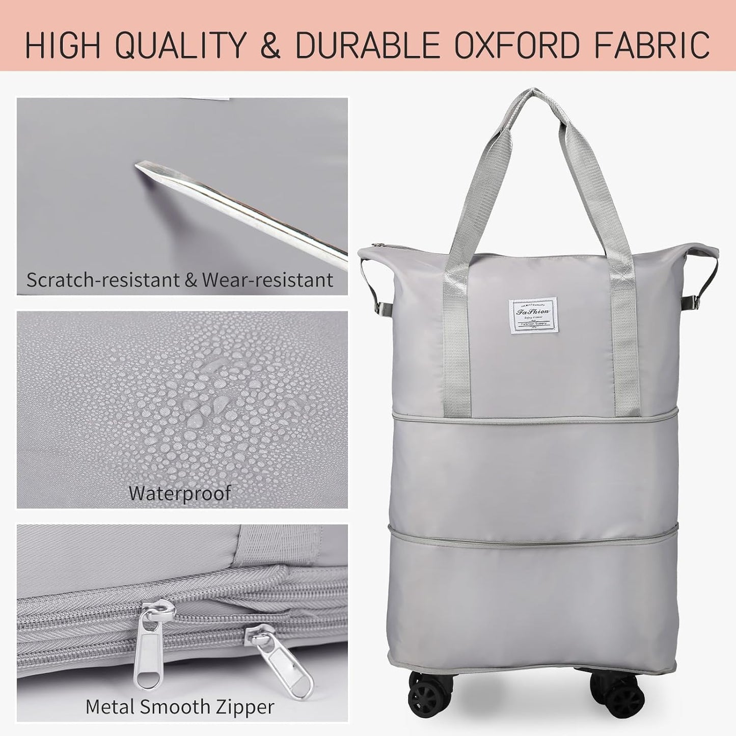 Expandable Rolling Duffle Bag with Wheels, Foldable Carry-On Travel Bag, Large Capacity Weekender Tote