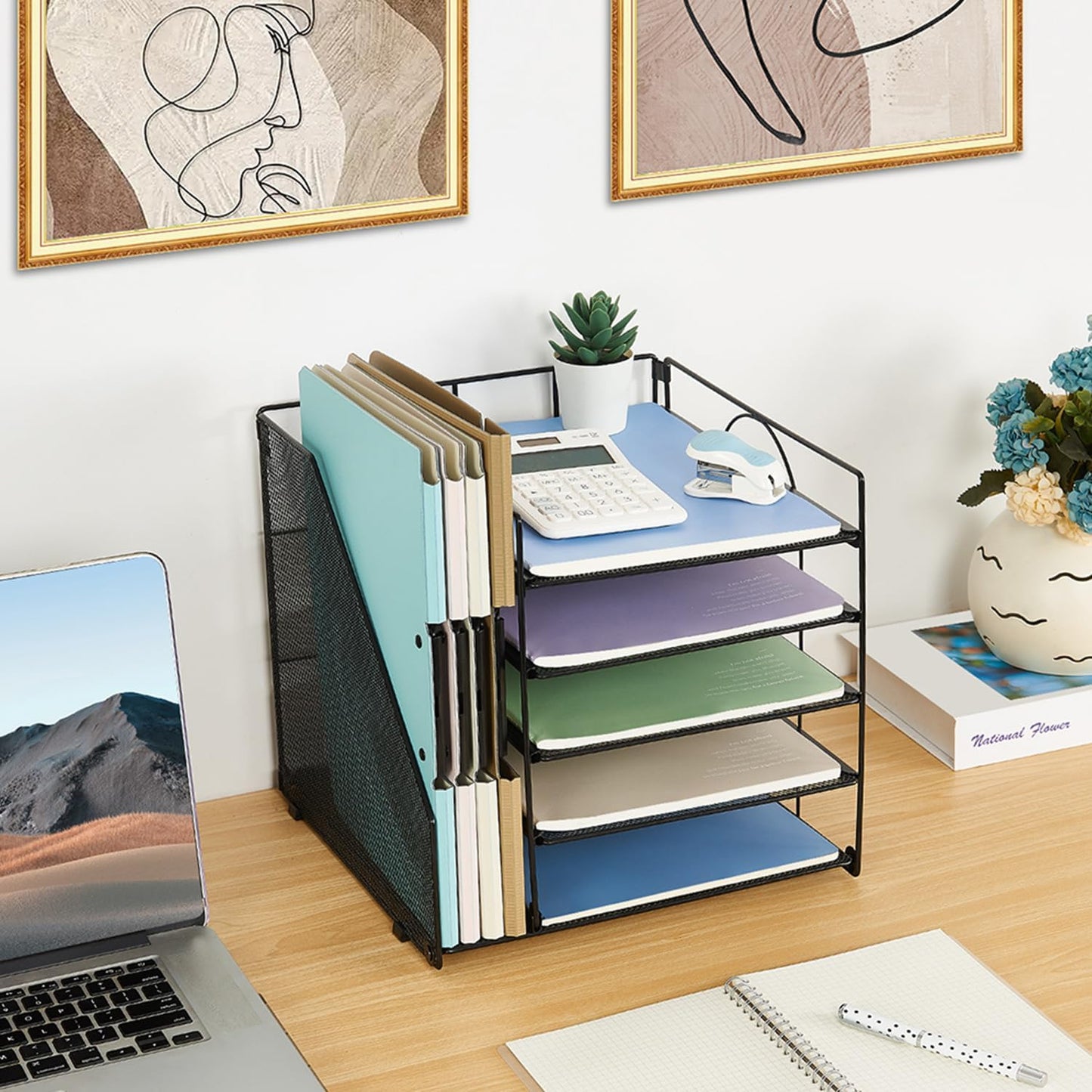 5-Tier Desk Organizer with File Holder – Paper Letter Tray & Desktop Organizer for Office Supplies