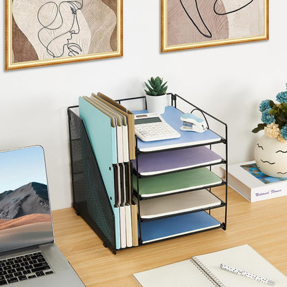 5-Tier Desk Organizer with File Holder – Paper Letter Tray & Desktop Organizer for Office Supplies