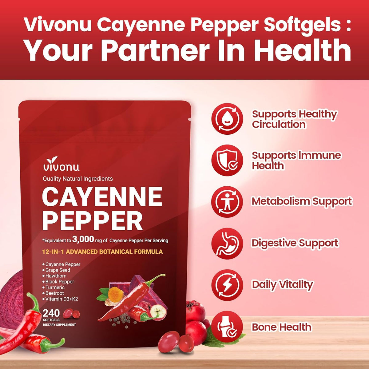 Cayenne Pepper Softgels Supplement, Supports Leg Vein, 240 Softgels /1 Bag