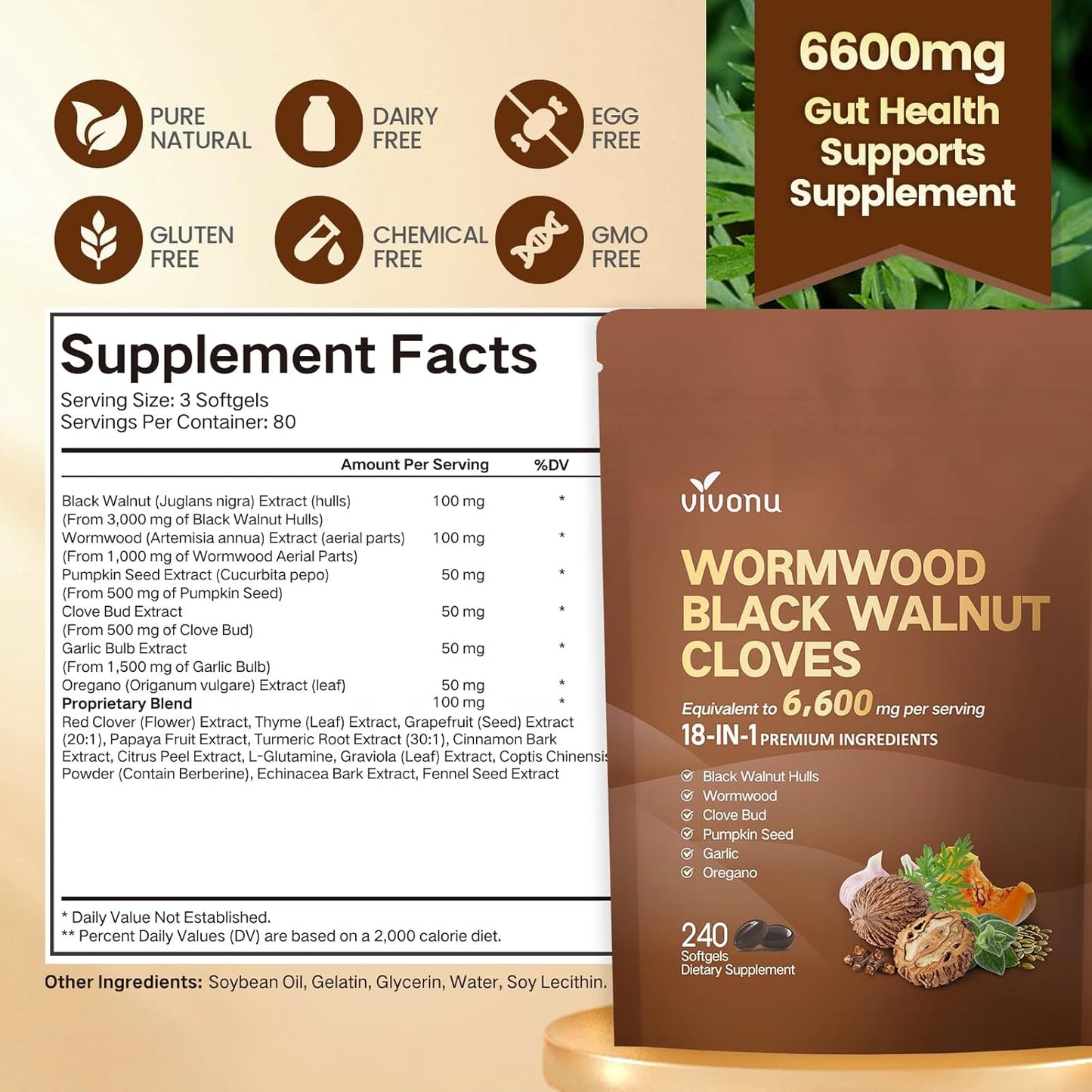 Wormwood Black Walnut Clove Capsules, 6600mg Cleanse, Detox, Intestinal Guard Supplement for Humans