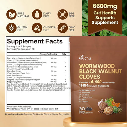 Wormwood Black Walnut Clove Capsules, 6600mg Cleanse, Detox, Intestinal Guard Supplement for Humans
