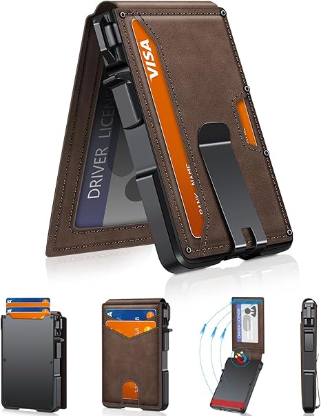 Men's wallet with RFID anti-theft smart pop-out card holder, metal aluminum folding credit card wallet