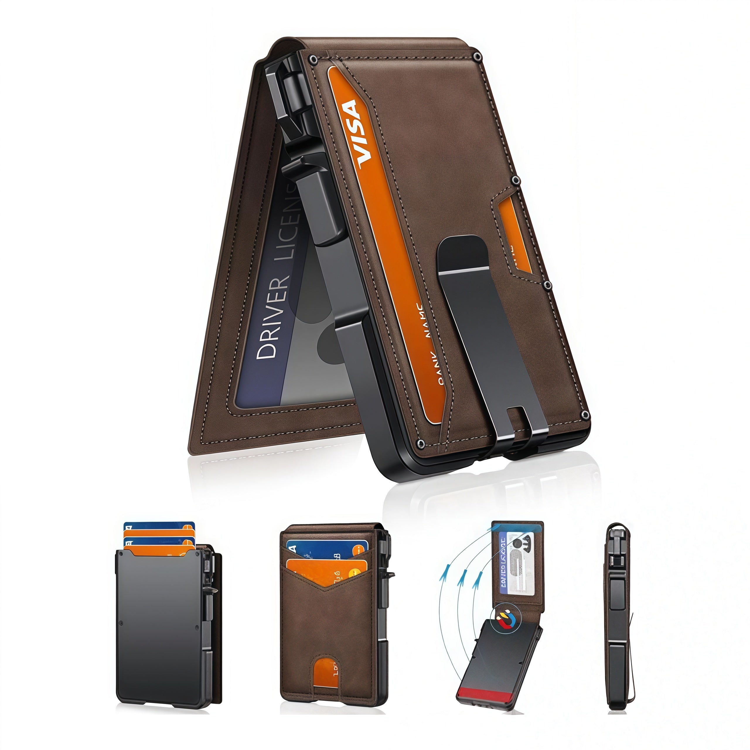 Men's wallet with RFID anti-theft smart pop-out card holder, metal alu ...