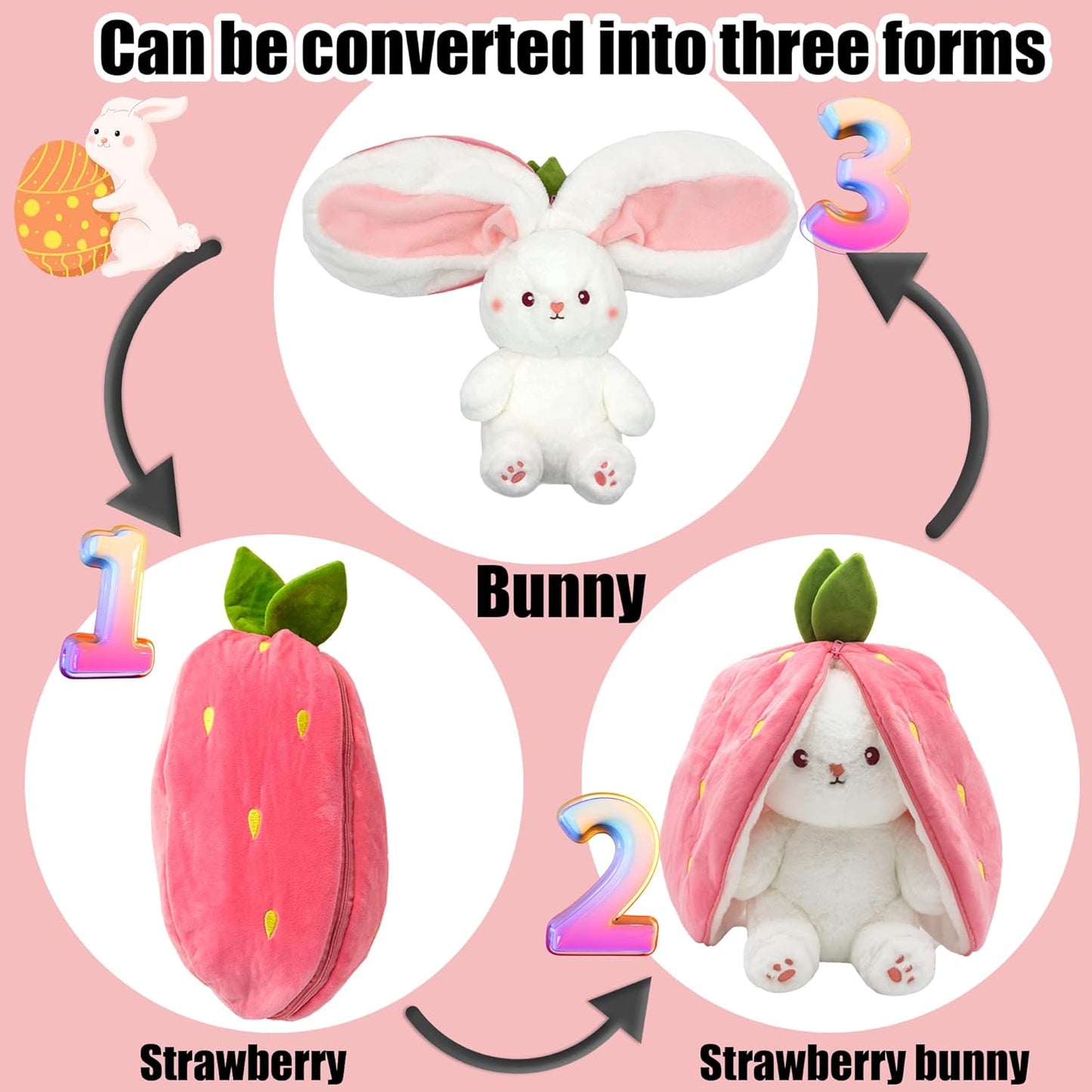 Rabbit Plush Toy, Strawberry Reversible Double-Sided Plush Pillow with Zipper