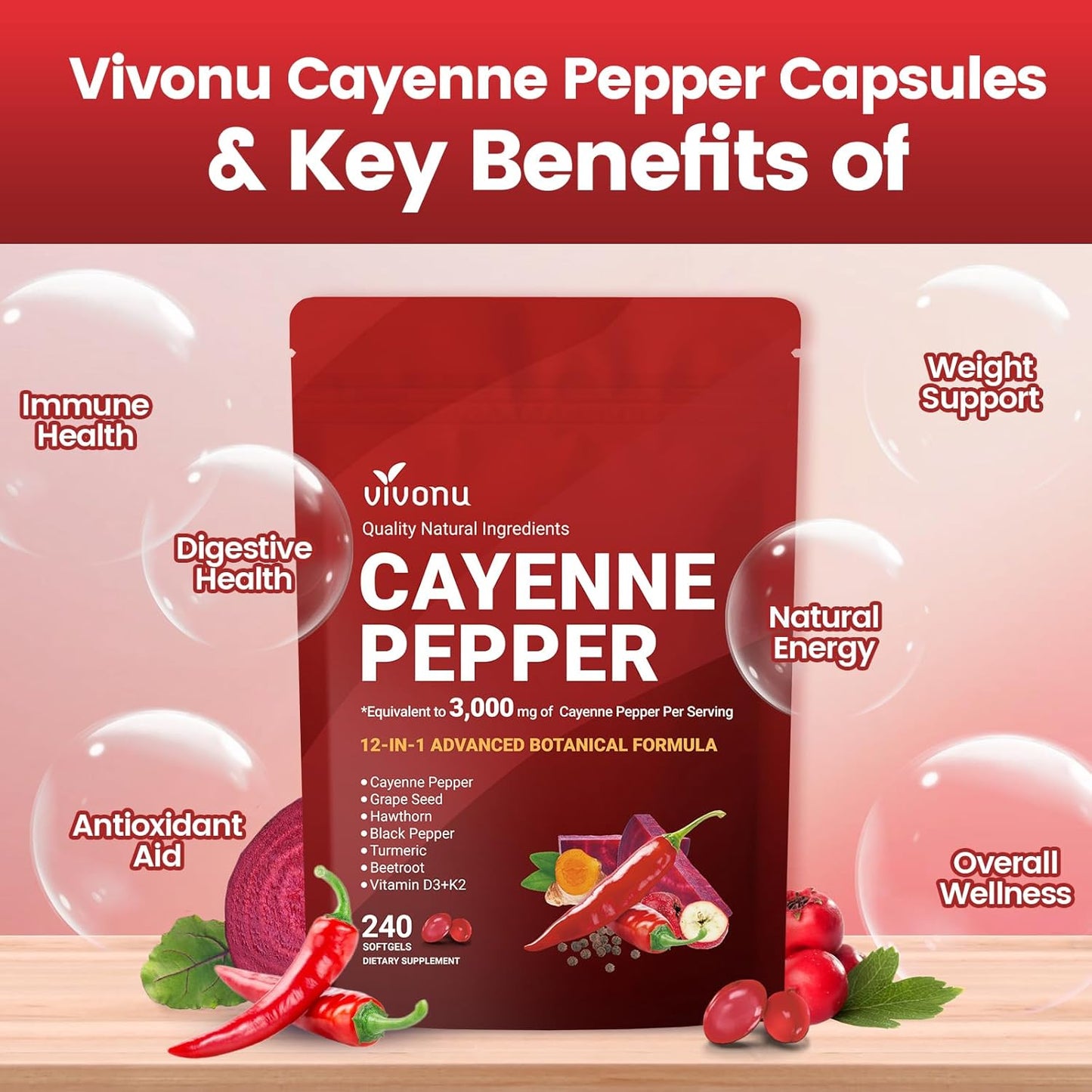 Cayenne Pepper Softgels Supplement, Supports Leg Vein, Heart and Blood Vessel Health, with Vitamin E D3+K2 and Extracts of Grape Seed, Hawthorn, Beetroot, Berberine and Others(240 Softgels/1 Bag)
