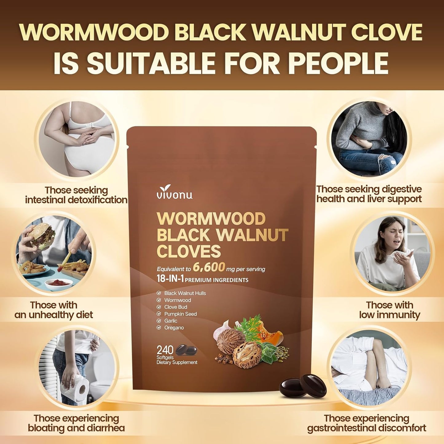Wormwood Black Walnut Clove Capsules, 6600mg Cleanse, Detox, Intestinal Guard Supplement for Humans