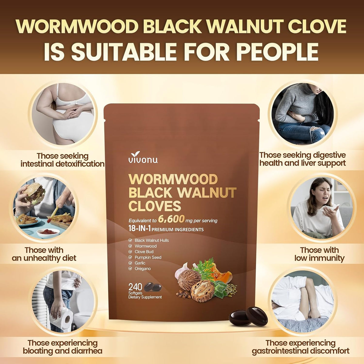 Wormwood Black Walnut Clove Capsules, 6600mg Cleanse, Detox, Intestinal Guard Supplement for Humans