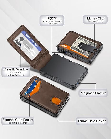Men's wallet with RFID anti-theft smart pop-out card holder, metal aluminum folding credit card wallet