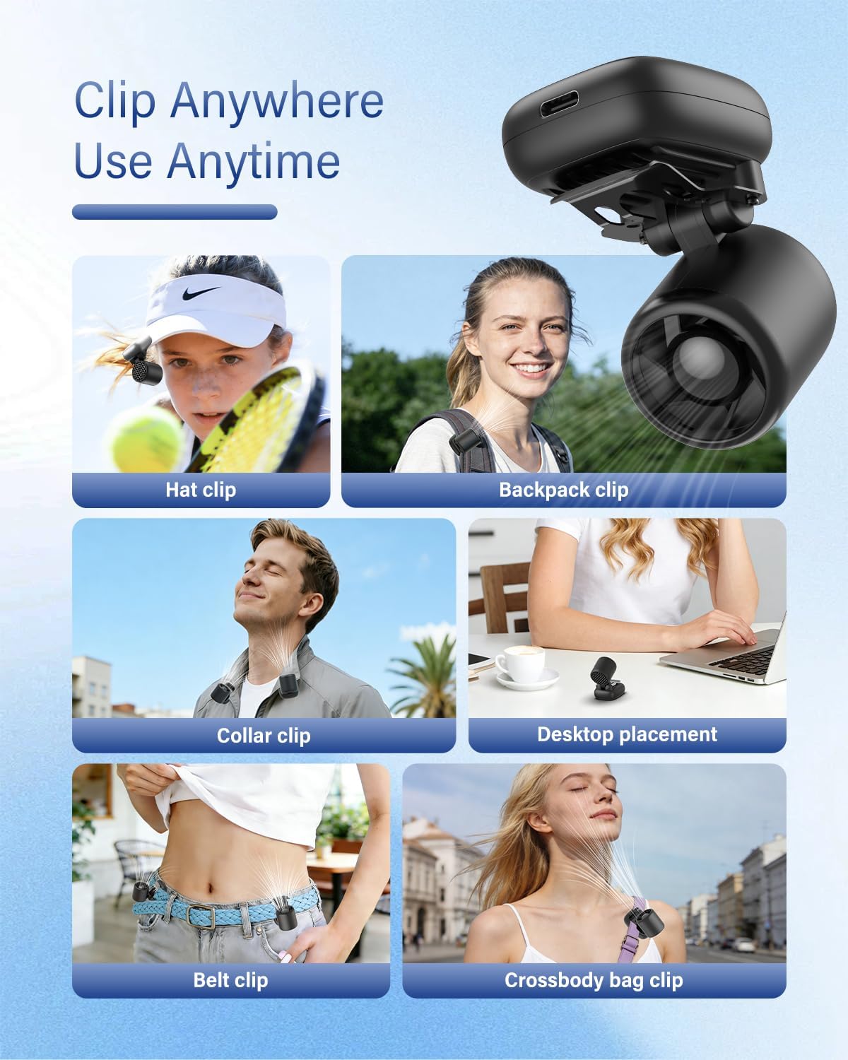 Mini Clip-On Fan – Ultra-Light Rechargeable USB-C Hat Fan with 3 Speeds