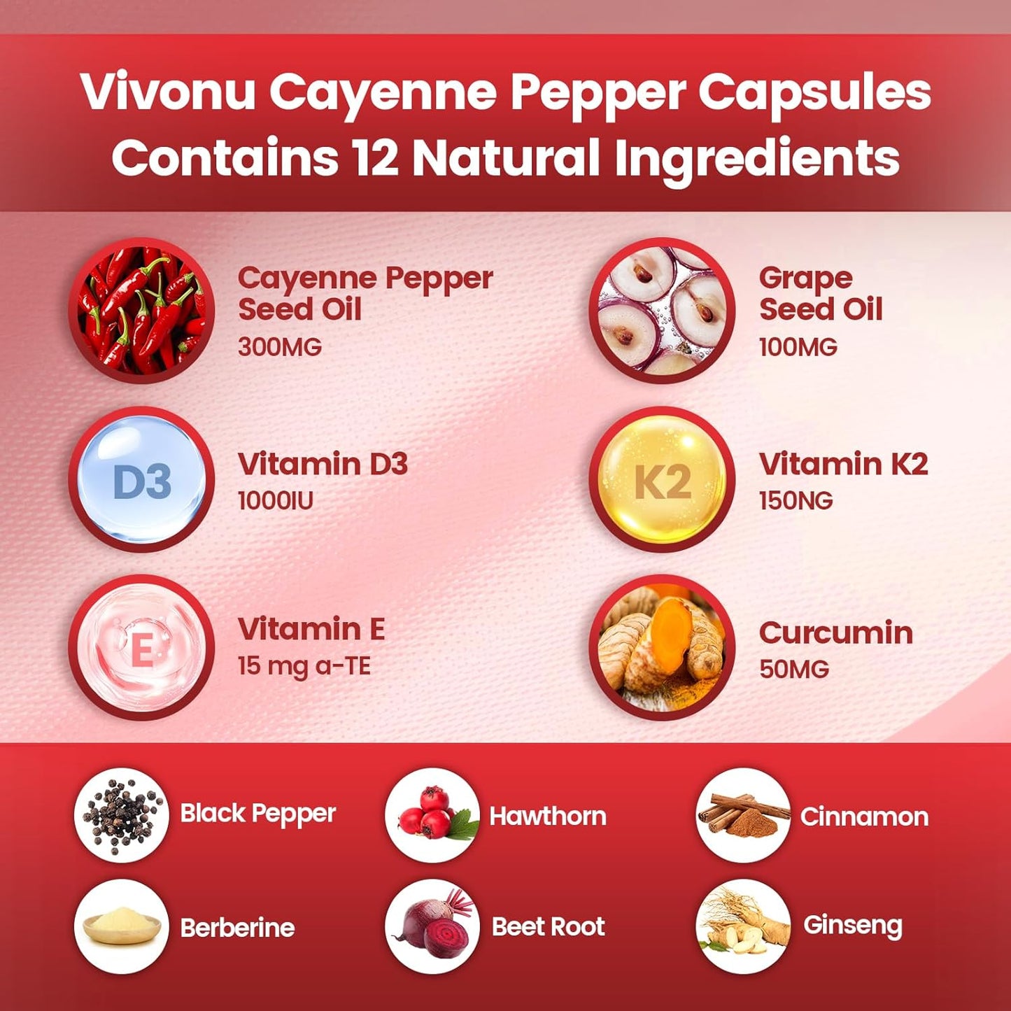 Cayenne Pepper Softgels Supplement, Supports Leg Vein, Heart and Blood Vessel Health, with Vitamin E D3+K2 and Extracts of Grape Seed, Hawthorn, Beetroot, Berberine and Others(240 Softgels/1 Bag)
