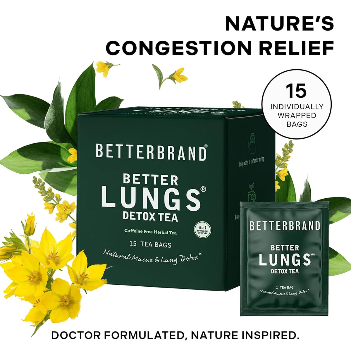 Betterbrand Mullein Tea Bags for Lung Detox -Caffeine Free Herbal Blend - 15 Tea Bags (Pack of 1)