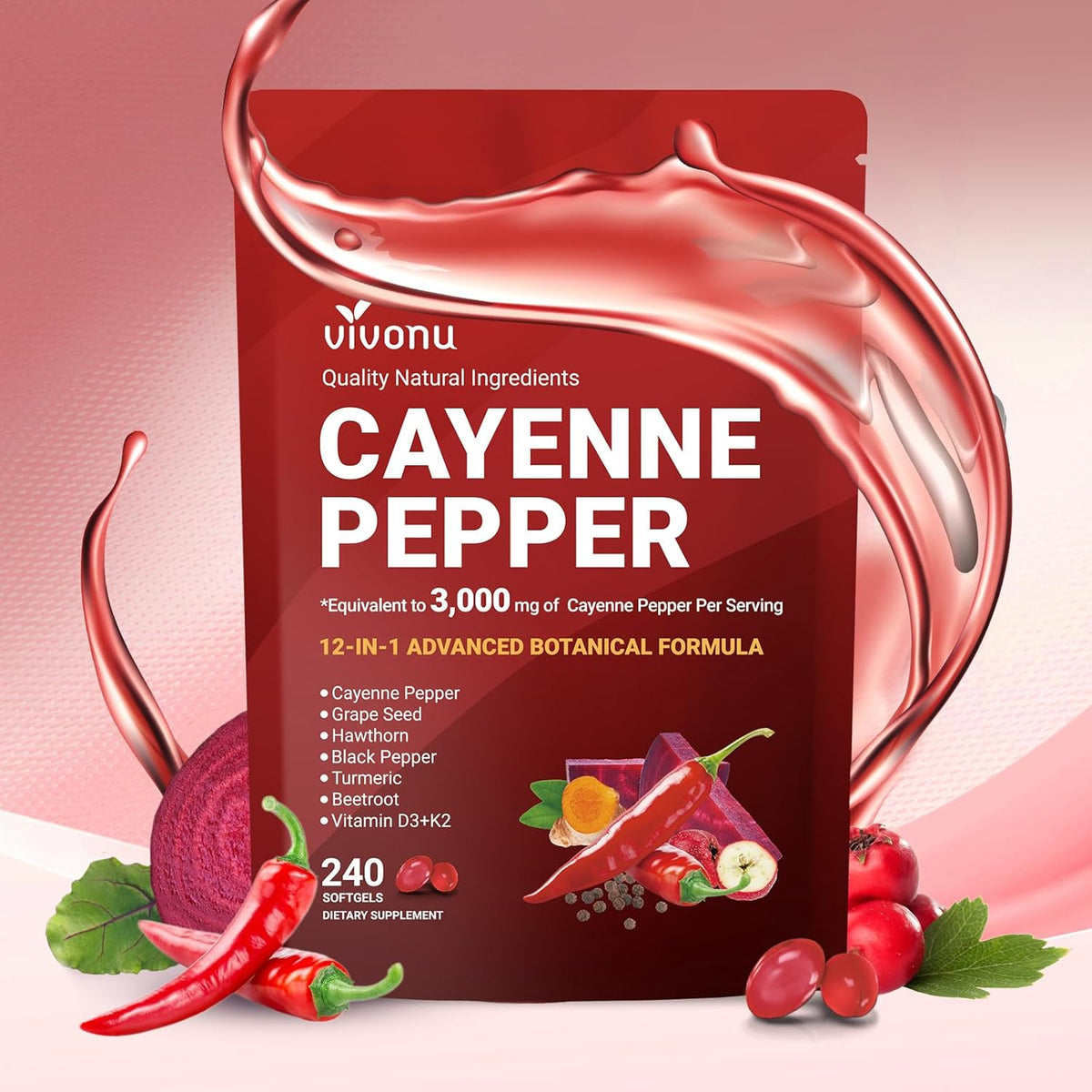Cayenne Pepper Softgels Supplement, Supports Leg Vein, 240 Softgels /1 Bag