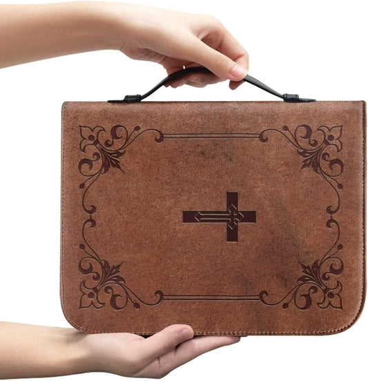 Brown Cross Print Leather Bible Cover